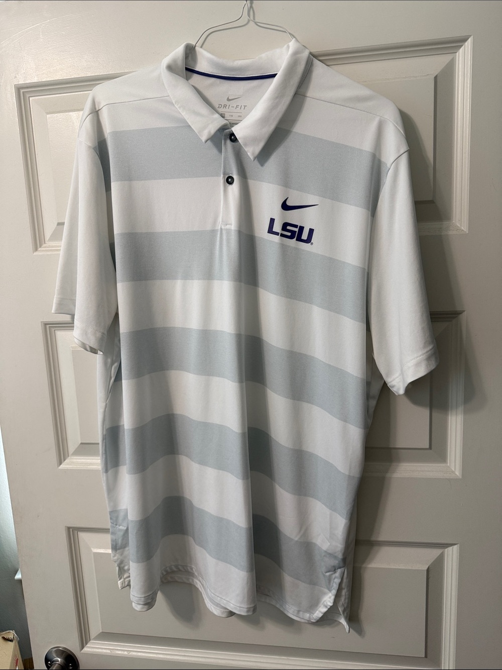 Nike White and Light Gray Striped LSU Dri-FIT Polo